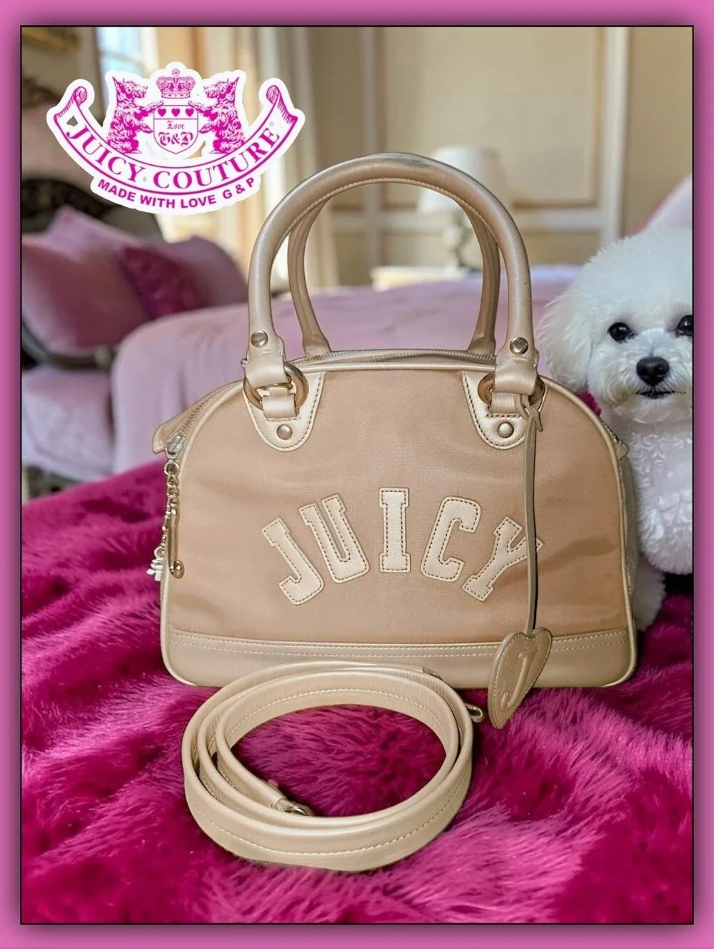 Vintage Juicy Couture Pet Animal Carrier Bag with Crossbody Strap Gold Tan Color